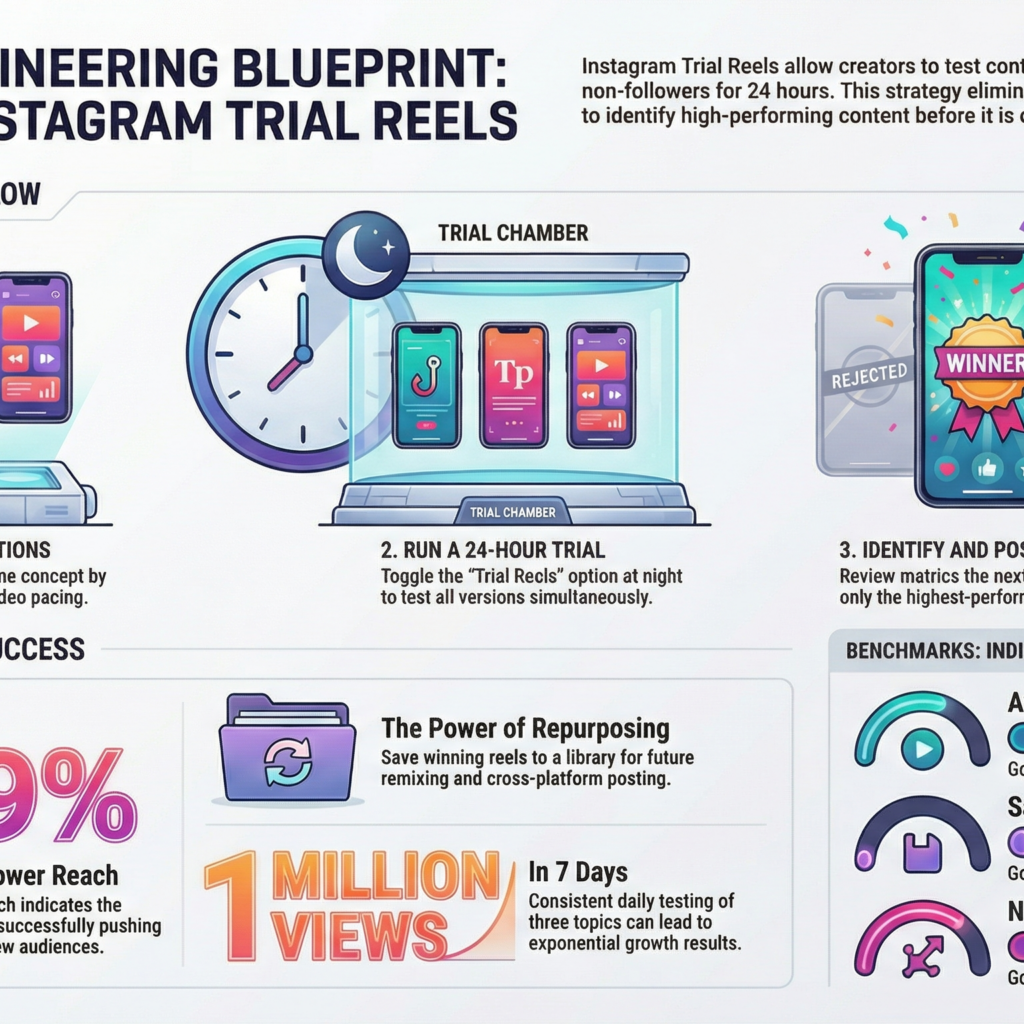 The Viral Engineering Blueprint infographic showing Leslie M Lyon's Instagram Trial Reels strategy framework for mastering viral content